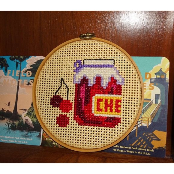 Vintage Needlepoint Hoop Art Cherries on Woven Rattan wood frame farmhouse decor - Picture 8 of 11